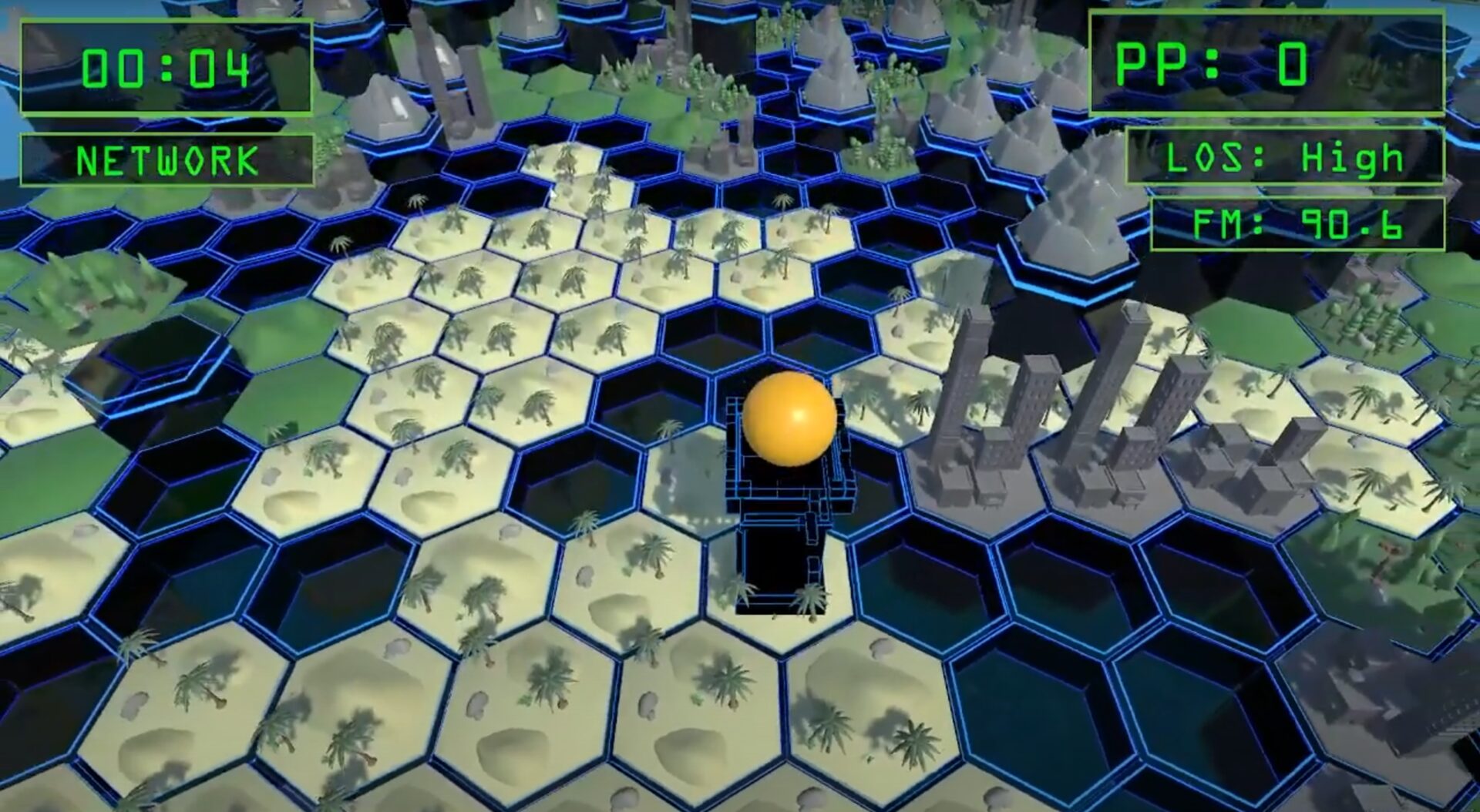 Signal Surge hex grid with terrain and remote network nodes