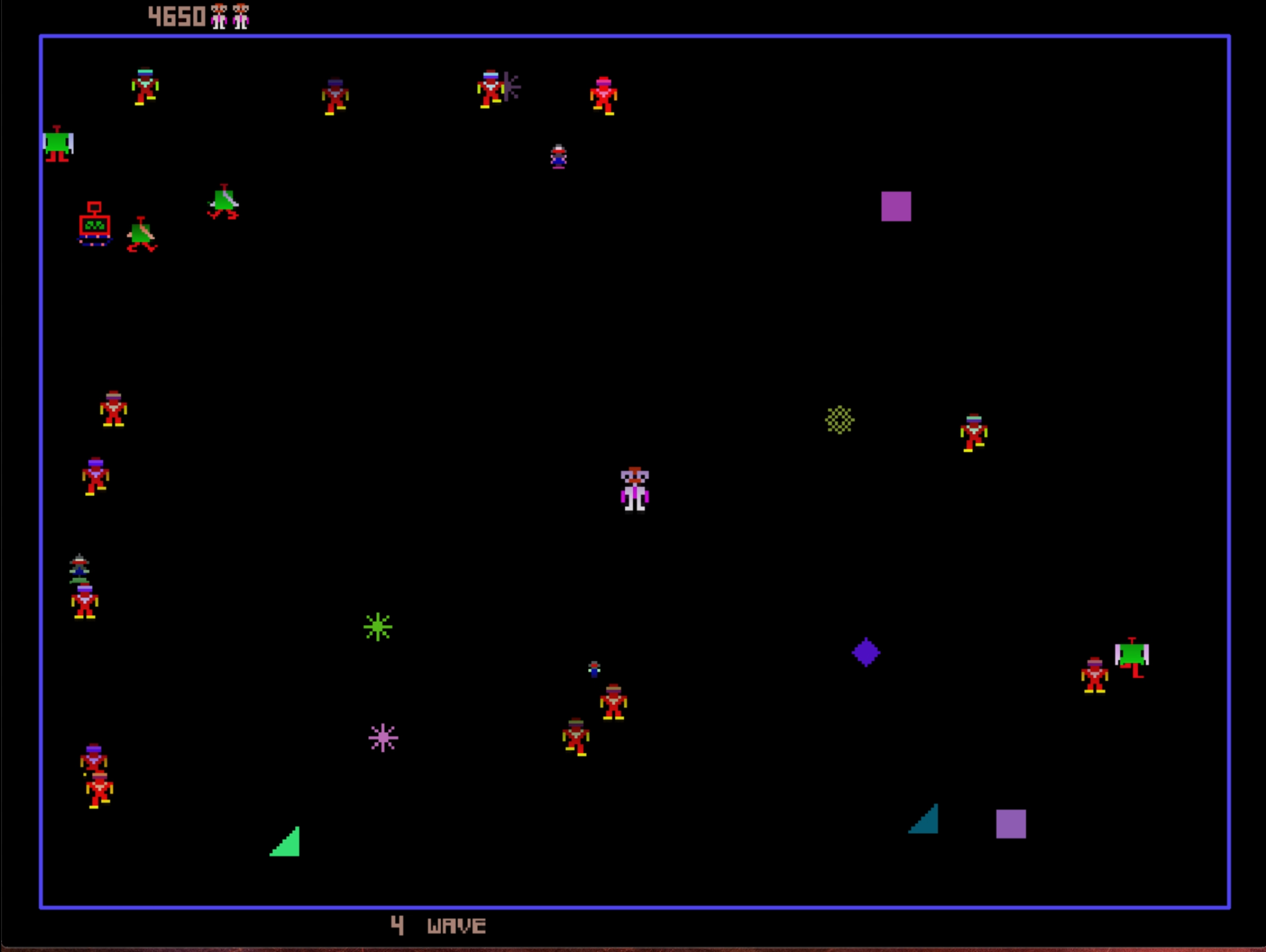 Robotron 2084 gameplay showing the player surrounded by enemies