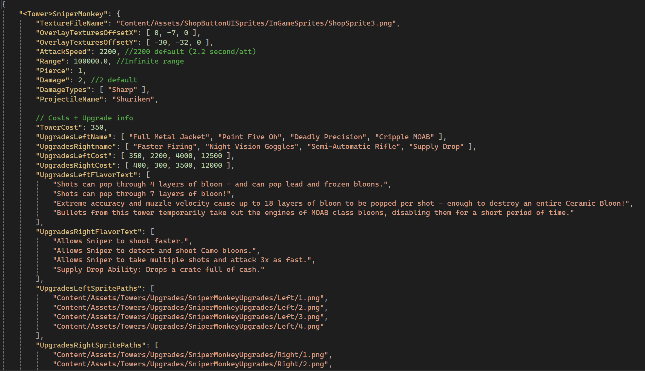 JSON defining a Sniper Monkey tower and upgrade paths