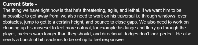 Alpha readiness note describing the Feral's current strengths and remaining traversal, movement, dodge, and hit reaction needs