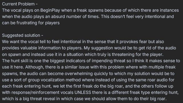 Design note outlining the repeated vocalization problem and a grouped, threat based solution